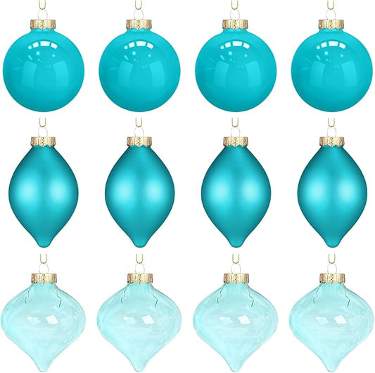 Zomiboo 12 Pcs Turquoise Green Glass Christmas Ball Ornaments Set 3.15" Hanging Shatterproof Glass Bulbs for Christmas Tree Baubles Bulk for Holiday Xmas Tree Decorations Gifts