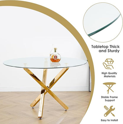 Modern Round Glass Dining Table Set for 4, 47'' Clear Circular Kitchen Table and Chairs Set, 5 PCS Mid Century Modern Circle Dining Room Table Set, Beige Woven Dining Chair for Home (Golden)