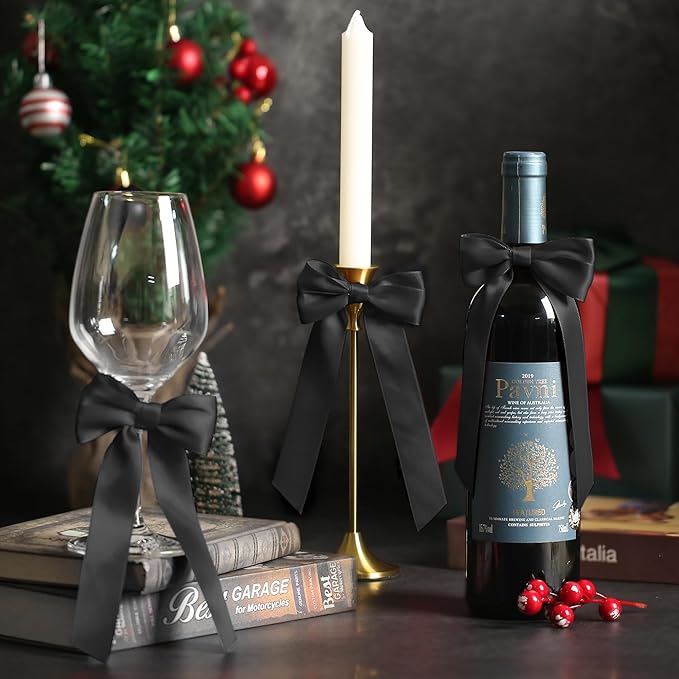 AYGXU 24pcs Christmas Bows Decor,premade Black Ribbon Bows for Christmas Tree Decorations,Double-Sided Ribbon Bow,Bows for Gift Wrapping,Bag Ties Twists