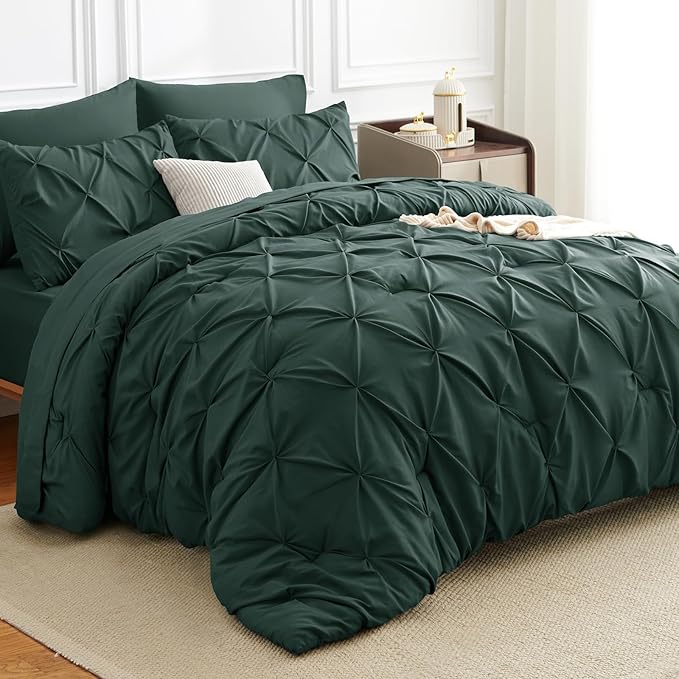 CozyLux King Size Comforter Set Forest Green, 7 Pieces Pintuck Bed in A Bag Green Comforter King Size, Pinch Pleat Bedding Set with All Season Comforter, Sheets, Pillowcases & Shams