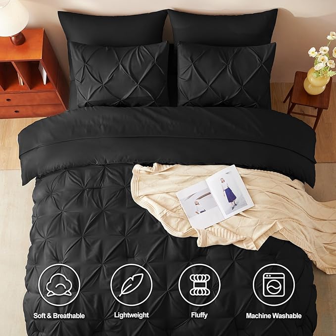 CozyLux Queen Comforter Set Black, 7 Pieces Pintuck Bed in A Bag, Premium Black Comforter Queen Size, Pinch Pleat Bedding Sets with Comforter, Sheets, Pillowcases & Shams
