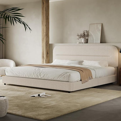 King Size Boucle Bed Frame, Upholstered Cloud with Headboard, Soft Platform with Thickened Footboard, Rounded Corners, No Box Spring Required, Easy Assembly, Cream