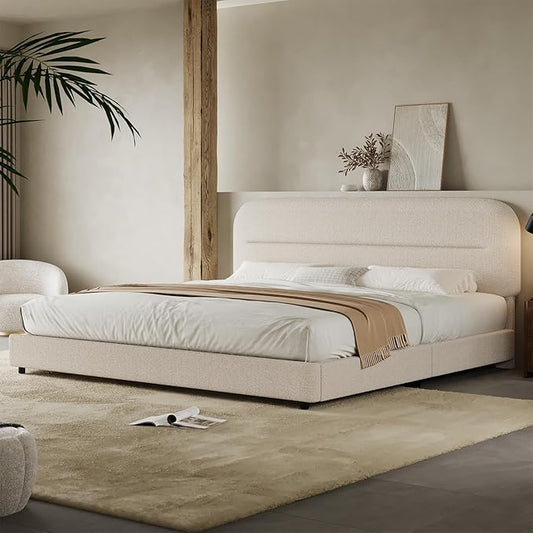 King Size Boucle Bed Frame, Upholstered Cloud with Headboard, Soft Platform with Thickened Footboard, Rounded Corners, No Box Spring Required, Easy Assembly, Cream