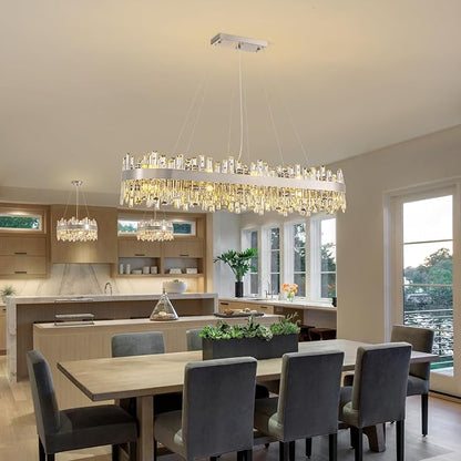 Siljoy Large Rectangular Crystal Chandelier, Modern Oval Brushed Nickel 2-Tiers K9 Crystal Raindrop Chandelier Ceiling Light for Dining Room, Living Room Kitchen Island Bar, E12 x 20, L52''