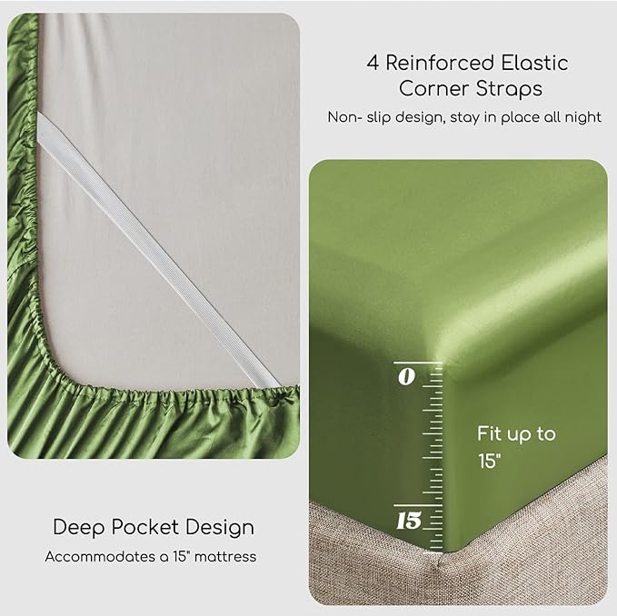 MR&HM Satin Bed Sheets, Twin XL Size Sheets Set, 3 Pcs Silky Bedding Set with 15 Inches Deep Pocket for Mattress (Twin XL, Sage)