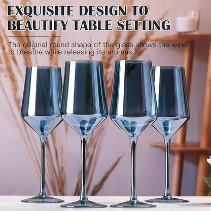 Midnight Blue Wine Glasses Set of 6-15oz Hand Blown Blue Wine Glasses Set for Party Wedding Home Bar