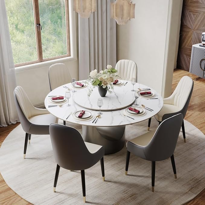 POVISON Round Dining Table with Lazy Susan, 59" Matte White Sintered Stone Top Dining Table with Gray Carbon Steel Pedestal, Modern Dining Room Table for Kitchen, Living Room (Table Only)