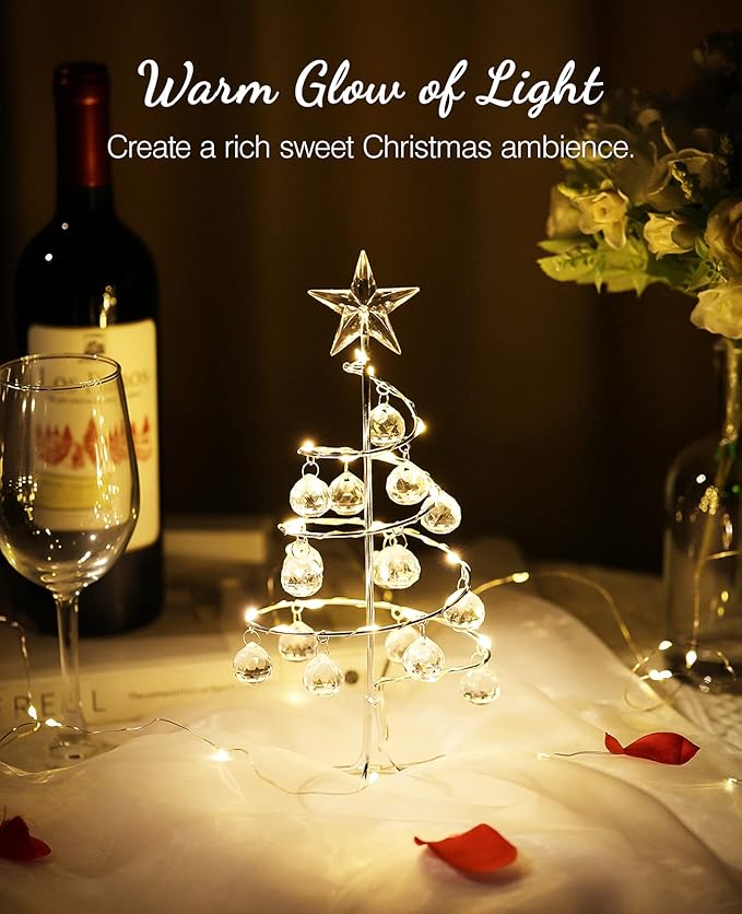 Lewondr Christmas Tree Lamp, 11 Inch Battery/USB Powered Crystal Spiral Christmas Tree Lava Lamp with Star Topper, Christmas Tree Light with Metal Stand Acrylic Balls for Home Bedroom Xmas, Silver