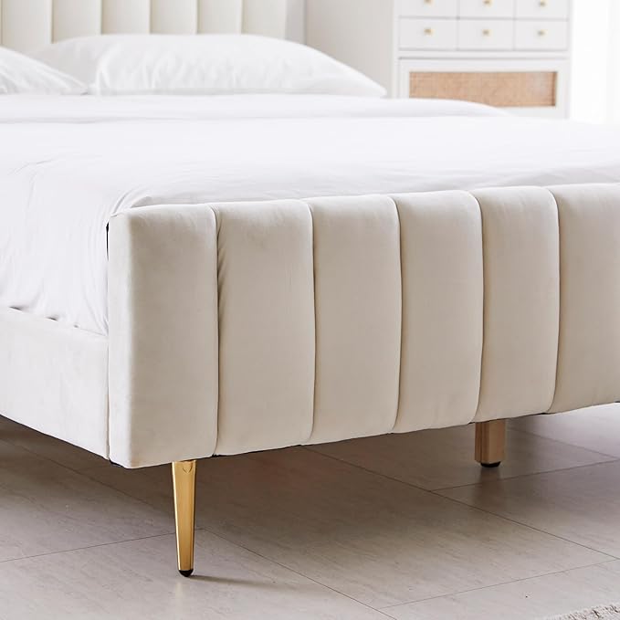 Livinia King Size Elton Velvet Platform Bed, Upholstered Bed Frame with Vertical Channel Tufted Headboard Footboard, Strong Wood Slats, No Box Spring Needed, Ivory (King)
