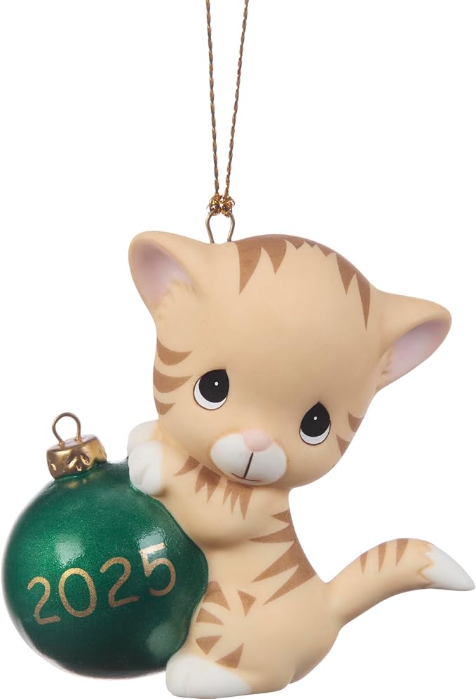 Precious Moments Purr-fectly Festive 2025 Dated Cat Bisque Porcelain Ornament – Festive Tabby with Christmas Ball – 251007