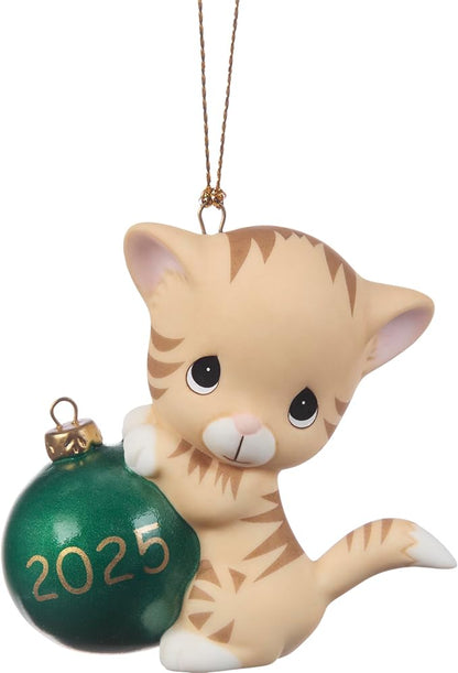 Precious Moments Purr-fectly Festive 2025 Dated Cat Bisque Porcelain Ornament – Festive Tabby with Christmas Ball – 251007