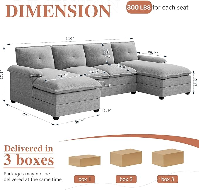 Meilocar U Shaped Sectional Sofa 110" 4 Seat Large Cloud Couch with Double Layer Cushions, Striped Grey