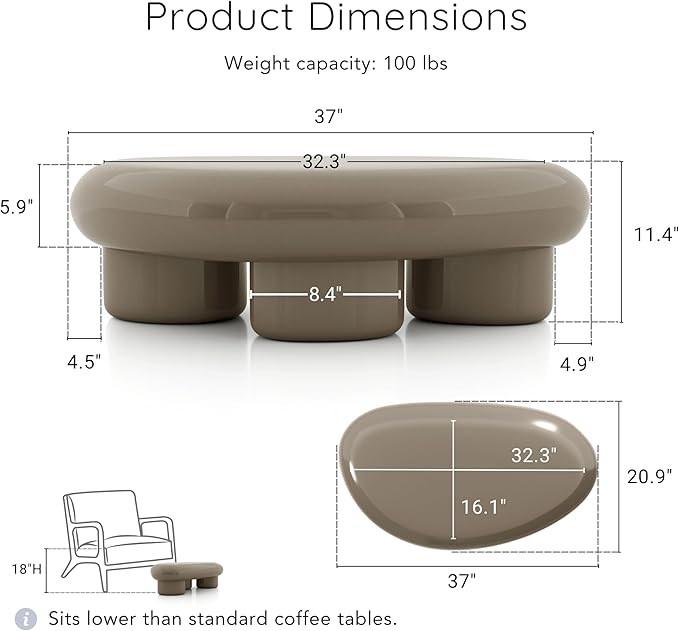 24/7 Shop at Home Kavren Modern 37-inch 3-Piece Oval Glossy Low Profile Coffee Table Set, Stone Shape Living Room Furniture for Small Space, Dark Brown
