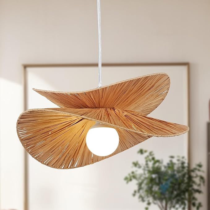 Natural Abaca Woven Pendant Light, Hand-Made Weaved Ceiling Light with Organic Weaved Leaf Finish, 20 Inch Diam Hanging Pendant Light for Bedroom, Living Room, Dining Room