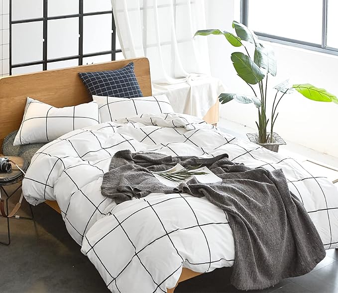 Pureant White Plaid Comforter Sets Twin Size Black and Grid Bedding Comforters Cotton Women Men Modern Simple Geometric Quilt Adults Teens Buffalo Soft Twin(68''*90''-Comforter)