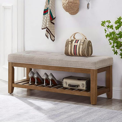 24KF Large Rectangular Upholstered Tufted Linen Fabric Ottoman Bench, Padded Bench with Solid Wood Shelf-Linen