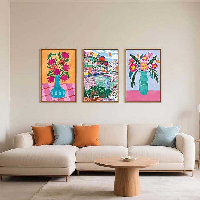 HOURIA Colorful Flower Field Landscape Framed Canvas Wall Art Set,Abstract Pink Floral Wall Decor,Natural Botanical Tree Artwork,Modern Sunrise Art Prints for Living Room,Farmhouse-16 x24 x3