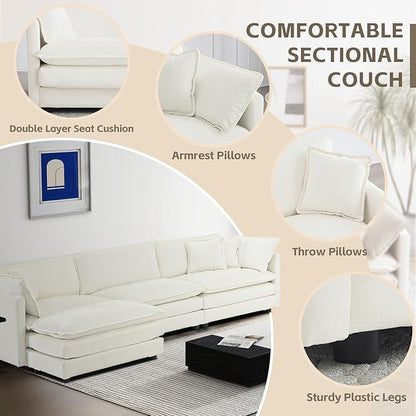 SoarFlash Chenille Sectional Sofa, Comfy L Shaped Modular Coush Sofa with Ottoman, Modern 3 Seat Couch Deep Seat Sofa Set for Living Room,White