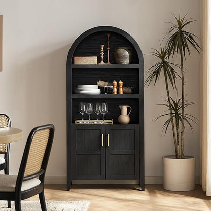 mopio Lauren 65.4" Short Arched Cabinet, 5-Tier Arched Bookcase with Doors and Shelves, Mini Arch Bookshelf with Storage, Wooden Storage Cabinet for Living Room and Kitchen Pantry (Black Accent)