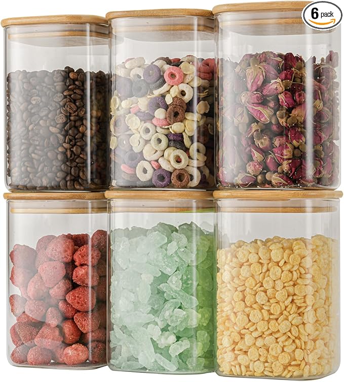 37oz Airtight Glass Square Storage Canisters with Bamboo Lid Set of 6 (1100ml) Stackable Containers, Kitchen Jars for Pantry Noodles, Flour and Coffee beans (‎with Black Lable)