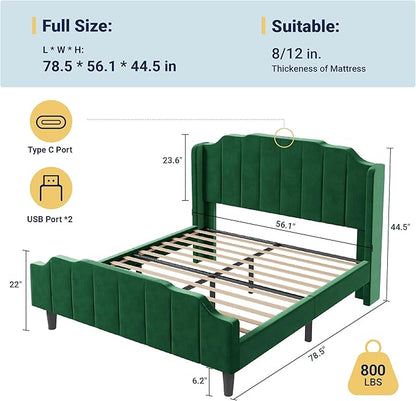 Allewie Vintage Full Size Velvet Platform Bed Frame with Curved Vertical Tufted Wingback Headboard and Footboard, Charging Station, Easy Assembly, Under Bed Storage, No Box Spring Required, Green