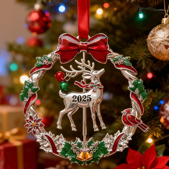Christmas Ornament 2025 for Tree Hanging Decorations Dated 2025 Christmas Wreath Ornament with Rotatable Reindeer Metal Xmas Ornament for Holiday Decorative Keepsake Gifts