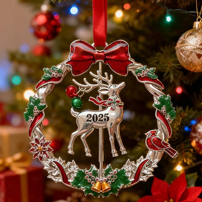 Christmas Ornament 2025 for Tree Hanging Decorations Dated 2025 Christmas Wreath Ornament with Rotatable Reindeer Metal Xmas Ornament for Holiday Decorative Keepsake Gifts