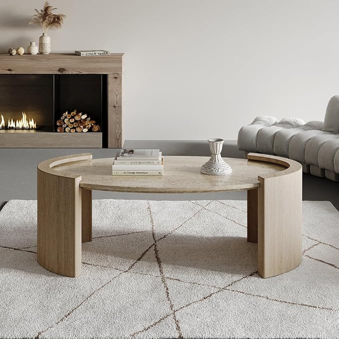 homary 43" Japandi Oval Travertine Stone Top Coffee Table – Double Pedestal Oval Coffee Table with Natural Beige Stone Surface and Engineered Wood Base for Living Room and Lounge