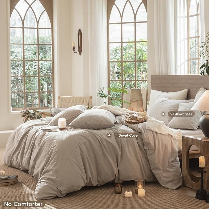 MooMee Wavy Striped Duvet Cover Set 100% Washed Cotton Linen Like Textured Breathable Durable Soft Comfy (Beige, Cal King 104"x98")