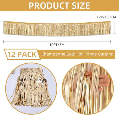 12 Pack 10 Feet Metallic Foil Fringe Garland Tinsel Streamers Banner, Champagne Gold Wall Hanging Tinsel Fringe Banners for Parade Floats, Wedding, Birthday, Christmas, New Year Party Decorations