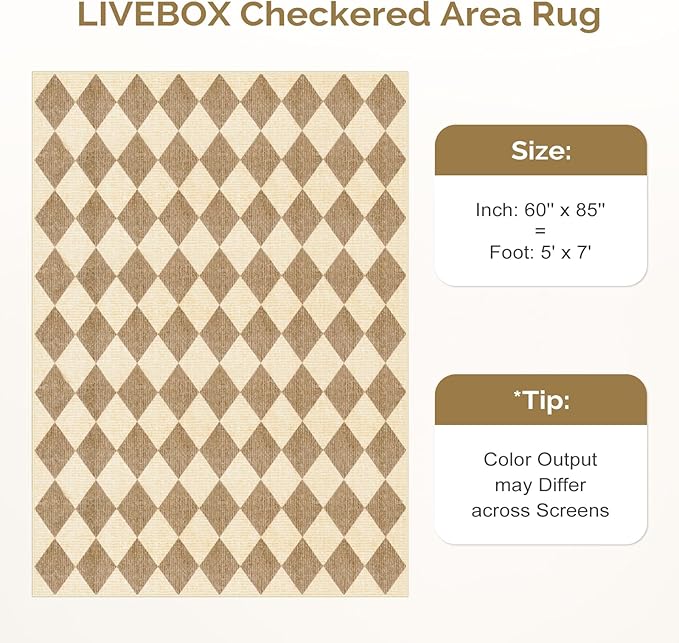 LIVEBOX 5x7 Checkered Rugs for Living Room, Washable Diamond Rug Non-Slip Modern Neutral Geometric Plaid Area Rugs for Bedroom Boys, Low Pile Farmhouse Carpet for Dinning Room Classroom, Brown