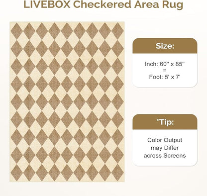 LIVEBOX 5x7 Checkered Rugs for Living Room, Washable Diamond Rug Non-Slip Modern Neutral Geometric Plaid Area Rugs for Bedroom Boys, Low Pile Farmhouse Carpet for Dinning Room Classroom, Brown