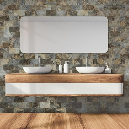 AULIGET 3" x 6" Subway Tile Peel and Stick Backsplash, Thick PVC Stick on Wall Tiles (100, Beige & Brown Slate)