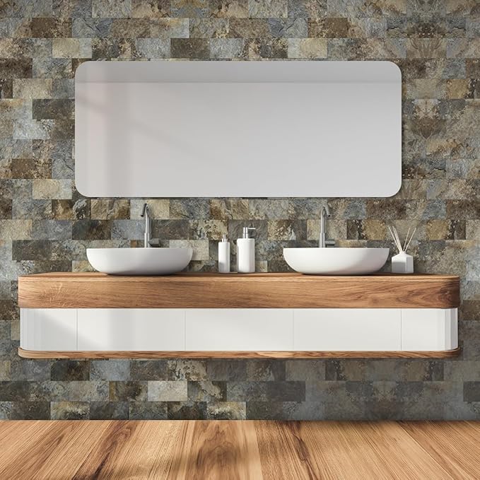 AULIGET 3" x 6" Subway Tile Peel and Stick Backsplash, Thick PVC Stick on Wall Tiles (4, Beige & Brown Slate)