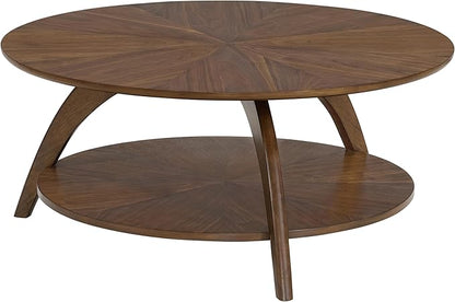 Martin Svensson Home LAX Retro Mid-Century Modern Round Wood Coffee Table with Lower Shelf, Cocktail Table for Living Room or Den. Walnut Brown.