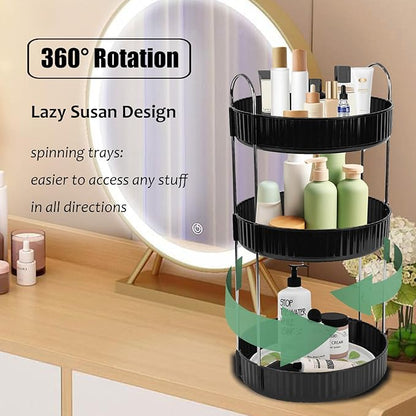 Rotating Makeup Organizer Countertop 3 Tier Lazy Susan Spinning Skincare Perfume Storage for Bathroom Counter Vanity, Black