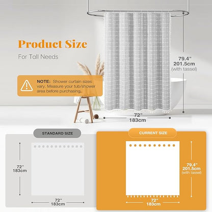 BTTN 78 Inch Long Shower Curtain - Boho Farmhouse Linen Ultra Thick Fabric Shower Curtain Set with Plastic Hooks, Tall Rustic Country Luxury Cloth Shower Curtains for Bathroom Decor, Gray/Grey, 72x78