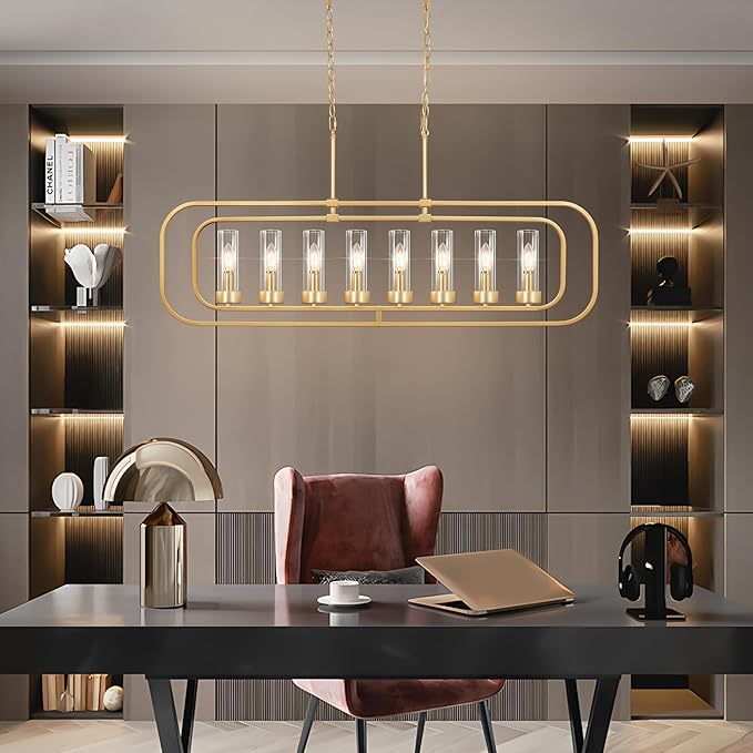 Gold Linear Dining Room Light Fixture, 8 Lights Modern Kitchen Isalnd Light, 45" Long Chandelier Farmhouse Chandeliers for Dining Room Industrial Pendant Lights with Clear Glass
