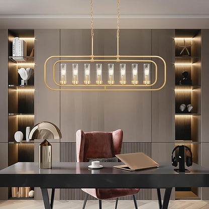 Gold Linear Dining Room Light Fixture, 8 Lights Modern Kitchen Isalnd Light, 45" Long Chandelier Farmhouse Chandeliers for Dining Room Industrial Pendant Lights with Clear Glass