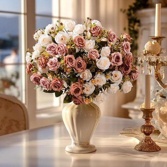 Artificial Flowers for Outdoor 4 Bundles Rose Bouquet with Daisy Faux Flowers UV Resistant for Home Indoor Outside Garden Porch Window Box Balcony Yard Porch Decor (White+Brown)