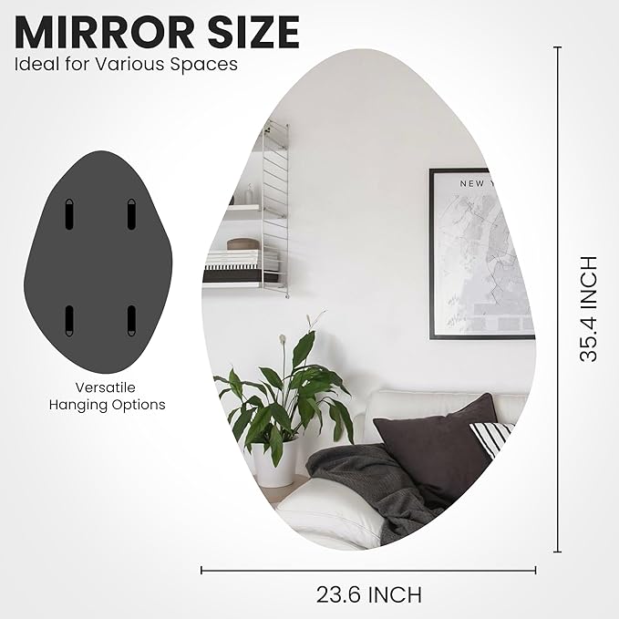Irregular Asymmetrical Wall Mirror for Living Room Bathroom Entryway, Modern Decorative Wall Mirror Hanging (Hook Style, 36'' x 24'')