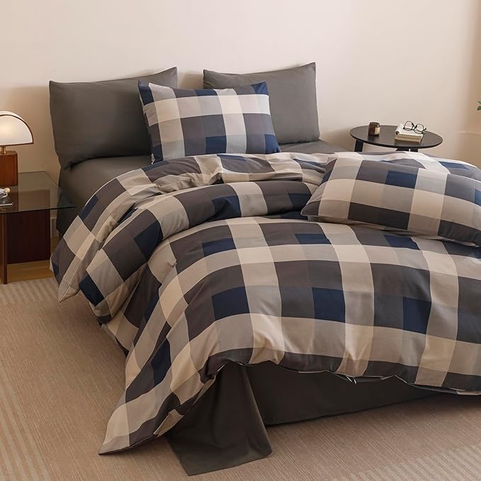 CLOTHKNOW Blue Plaid Queen Comforter Set 3Pcs Gingham Buffalo Bedding Comforter Sets Geometric Comforter Queen Sets with 2 x Pillow Cases