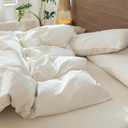 MooMee Striped Duvet Cover Set 100% Washed Cotton Linen Like Textured Breathable Durable Soft Comfy (Almond Milk Grey Pinstripes, Oversized Full 82"x86")