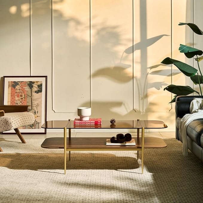 Saint Mossi Tadio Oval Glass Coffee Table, Double Layer Coffee Table for Living Room, Brown Glass & Coffee Brown MDF Bottom Shelf, H17xL47xW21