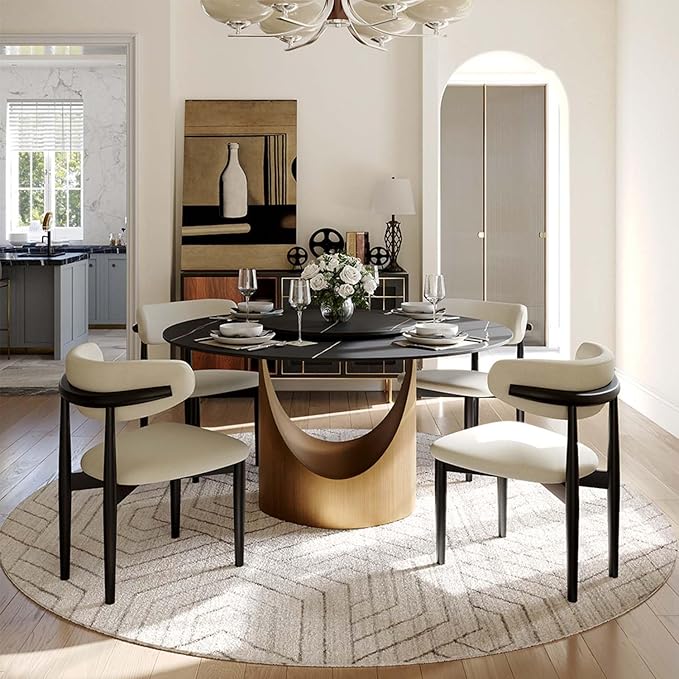 POVISON Round Dining Table with Lazy Susan for 4, 51" Matte Black Sintered Stone Top Dining Table with Bronze Carbon Steel Pedestal, Modern Dining Room Table for Kitchen, Living Room (Table Only)