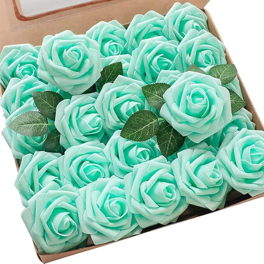 Floroom Artificial Flowers 25pcs Real Looking Robin's Egg Blue Foam Fake Roses with Stems for DIY Wedding Bouquets Baby Shower Centerpieces Floral Arrangements Party Tables Home Decorations