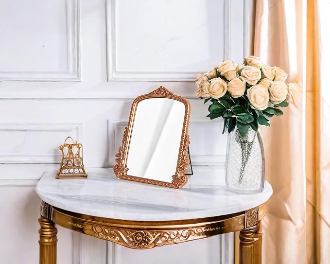 Rose Gold Makeup Mirror, Small Standing Vanity Mirror Decorative Ornate Arched Desk Mirror with Carved Wood Frame, for Bedrooms,Living Rooms Table Top and Salon 11.8" x 9.6"
