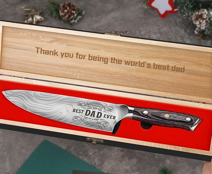 Dad Gifts for Dad Daughter Wife Son, Best Dad Ever Kitchen Knife Gift Set with Wooden Box, Dad Christmas Birthday Gift Ideas, 8" Professional Chef Knife, Dads Birthday Gifts for Men Husband