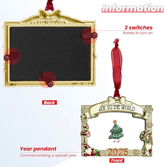 2025 Christmas Ornaments 3x2 inch Picture Frame Metal Hanging Pendant for Tree Small Decorative Keepsake, Display Photo for Baby and Pet (Gnome Gold (2025))