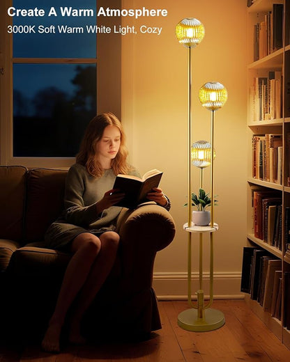 Glass Floor Lamp with Table, Gold Tall Standing Lamps Dimmable, 3000K Warmwhite Mid Century Modern Floor Lamp for Living Room/Bedroom